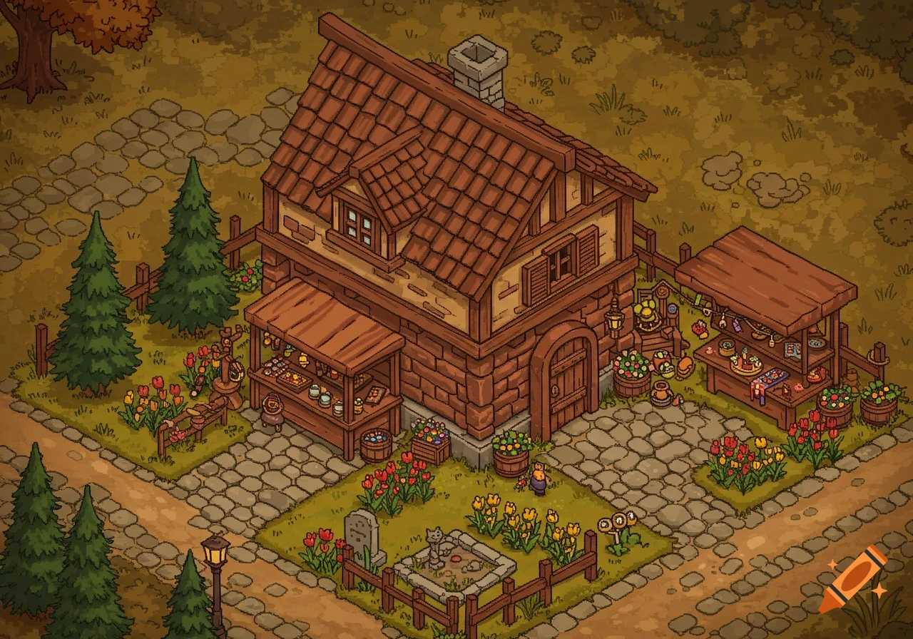 An isometric pixel art fantasy house with market stalls, surrounded by trees, tulips, and a cat grave in a village setting.