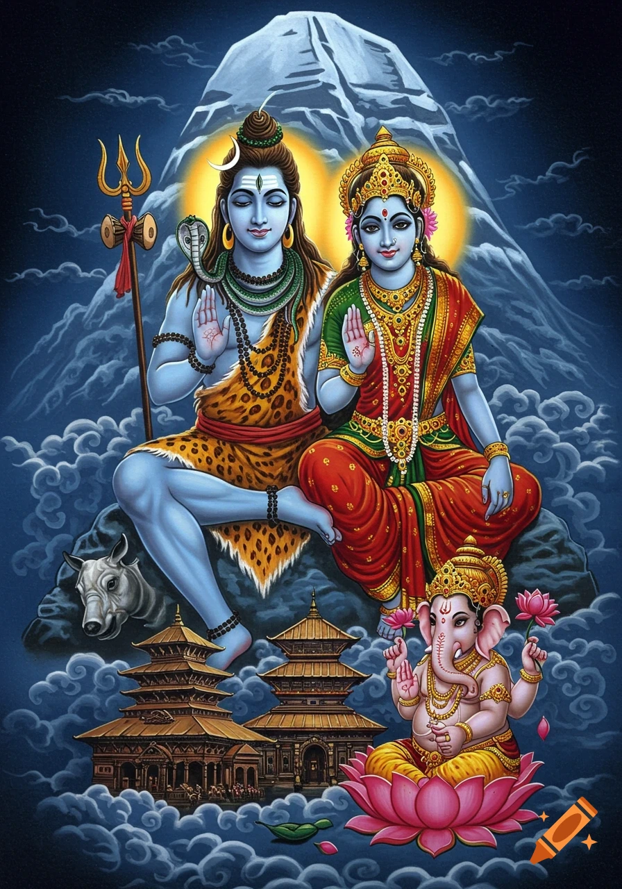 Colorful traditional art depicts Hindu deities Shiva and Parvati seated on a mountain, with Ganesha on a lotus, Nandi, and temples below.