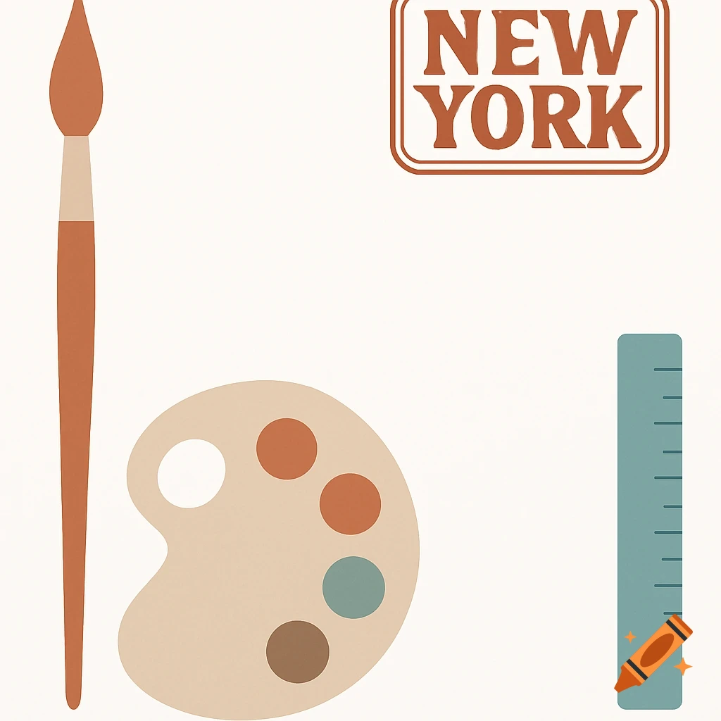 Minimalist illustration of a paintbrush, a palette with paint, a ruler, and a 'NEW YORK' stamp on a white background.