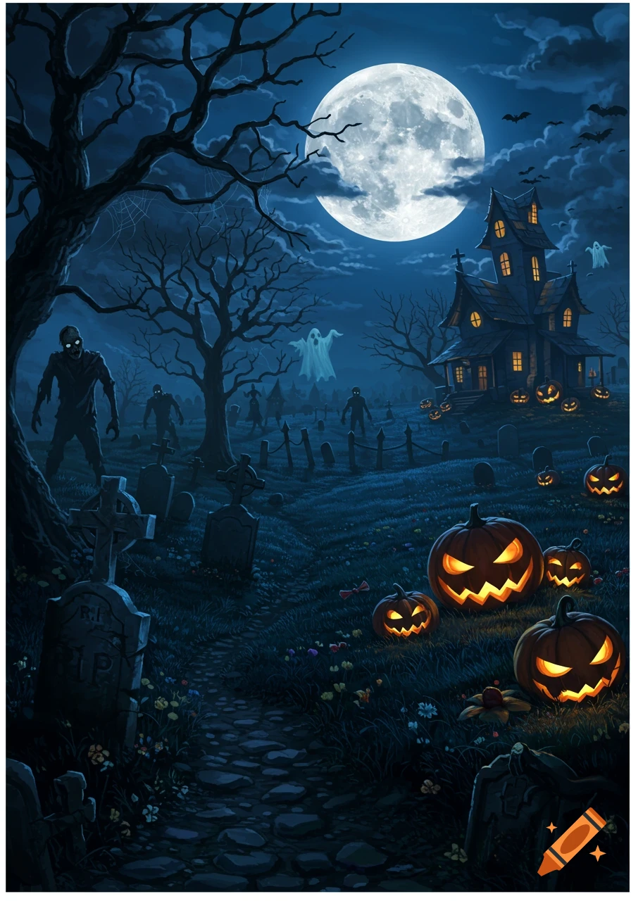 A spooky Halloween night scene with a full moon over a graveyard, haunted house, jack-o'-lanterns, zombies, and ghosts.