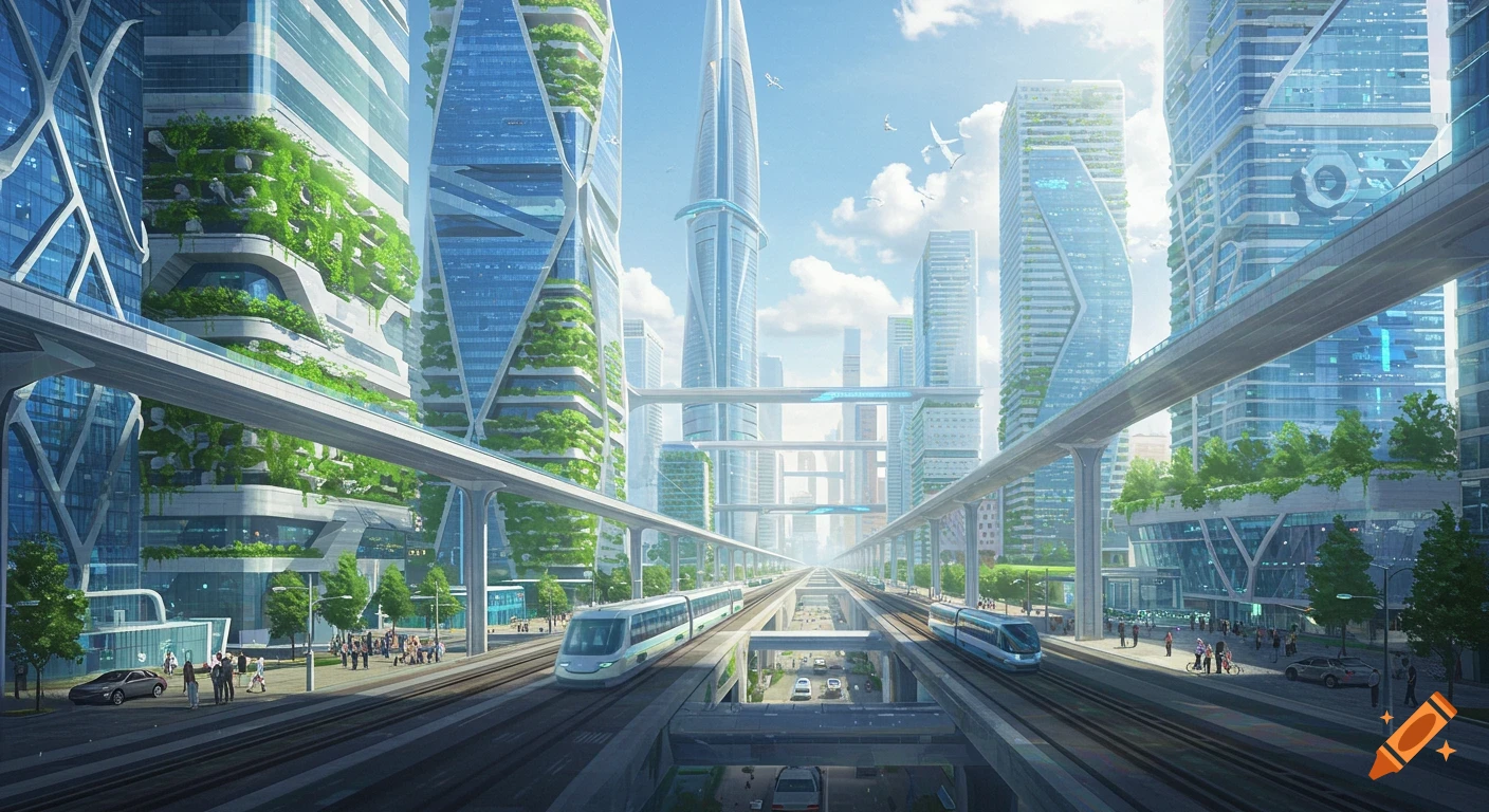 A bright, photorealistic image of a futuristic city with numerous skyscrapers, elevated trains, and lush green terraces on buildings.