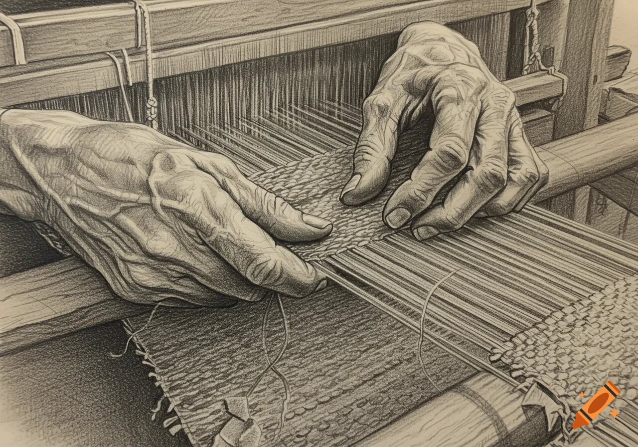 Detailed pencil drawing of two aged hands meticulously weaving threads on a loom.