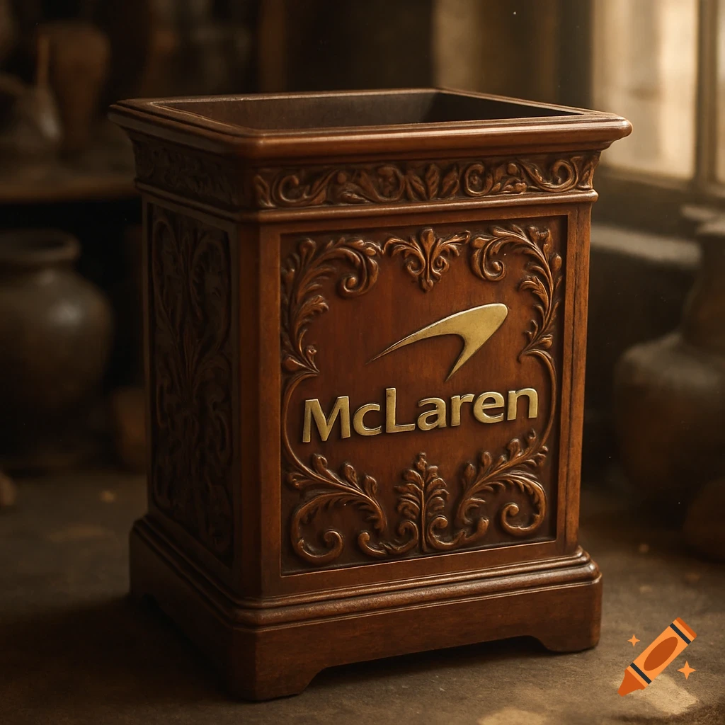 Beautifully carved wooden box with a gold McLaren logo on the front.
