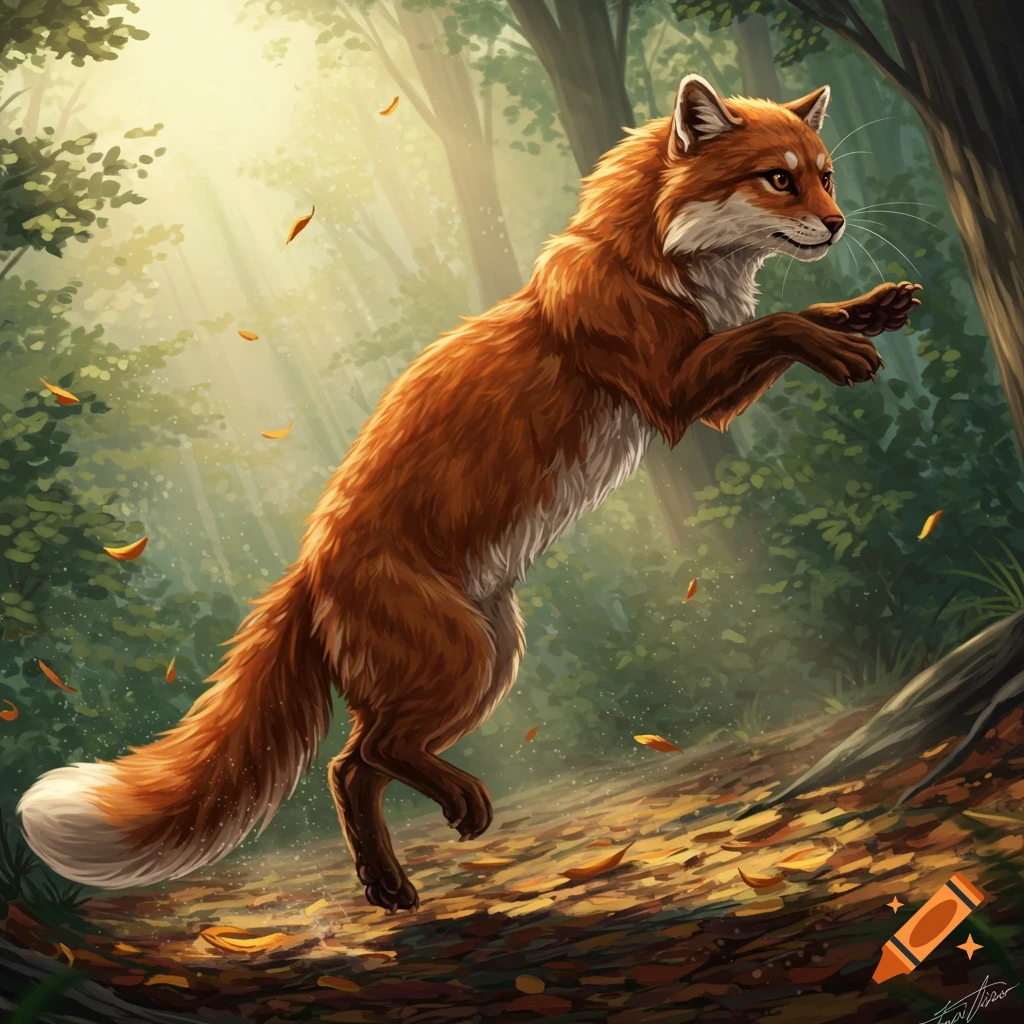 A vibrant illustration of a red fox leaping through a sun-dappled autumn forest with golden leaves.