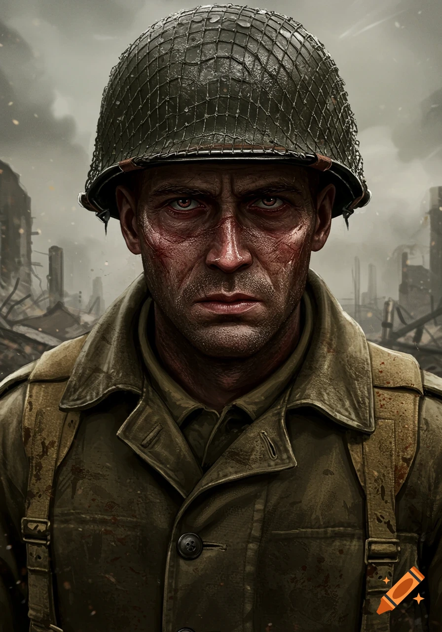 A close-up, photorealistic portrait of a grim-faced WW2 soldier with blood and scars on his face, wearing a helmet, against a war-torn background.