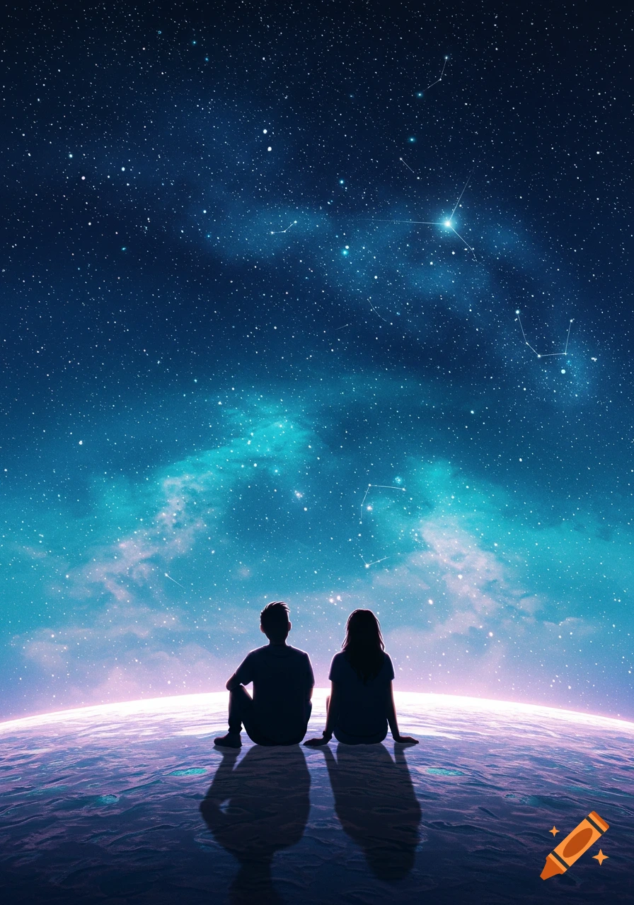 Two silhouettes sit on a curved planet's surface, gazing at a vibrant blue-purple starry sky with nebulas.