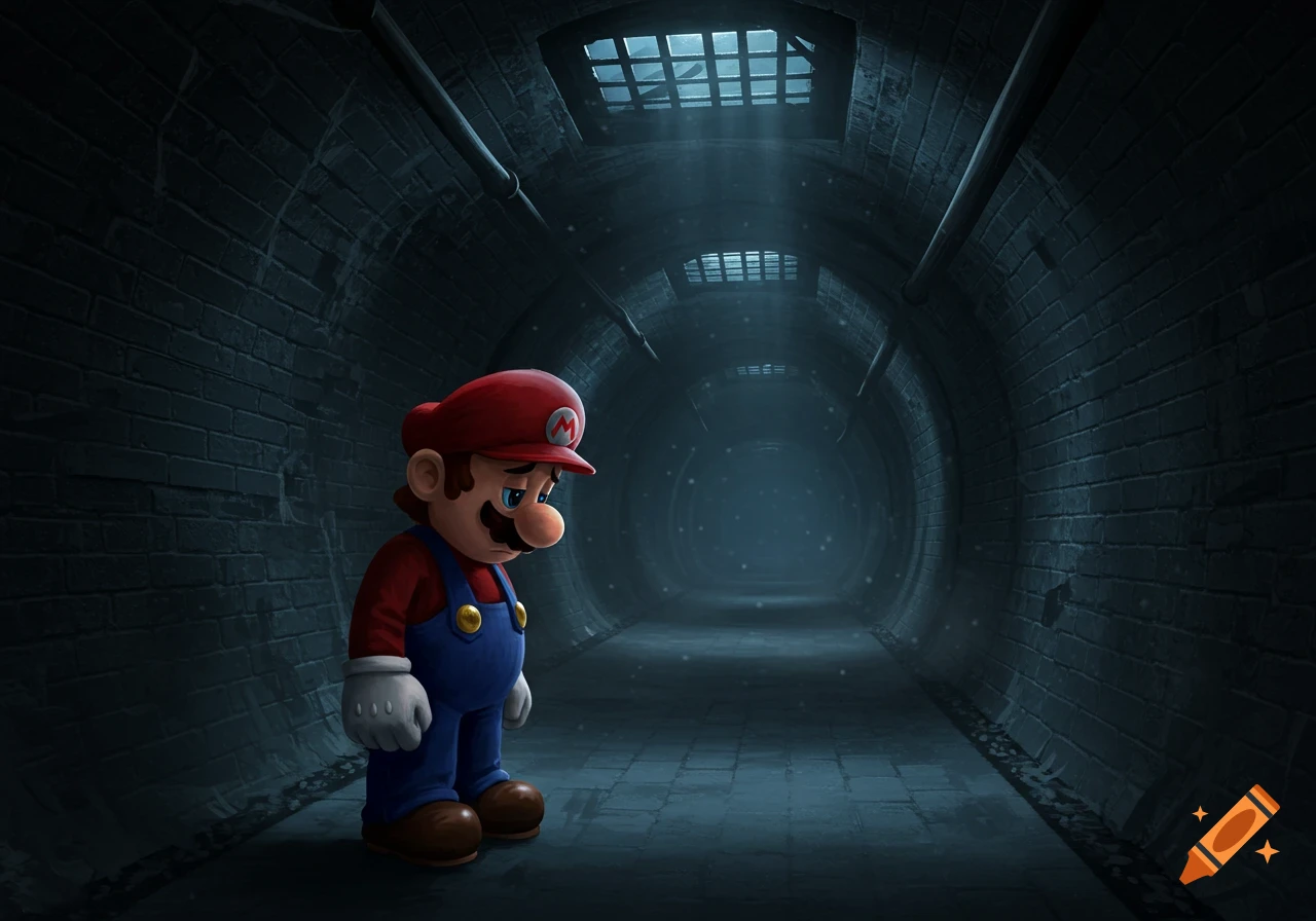 Sad Mario stands in a dark, ominous brick tunnel with light rays filtering from grated openings above.
