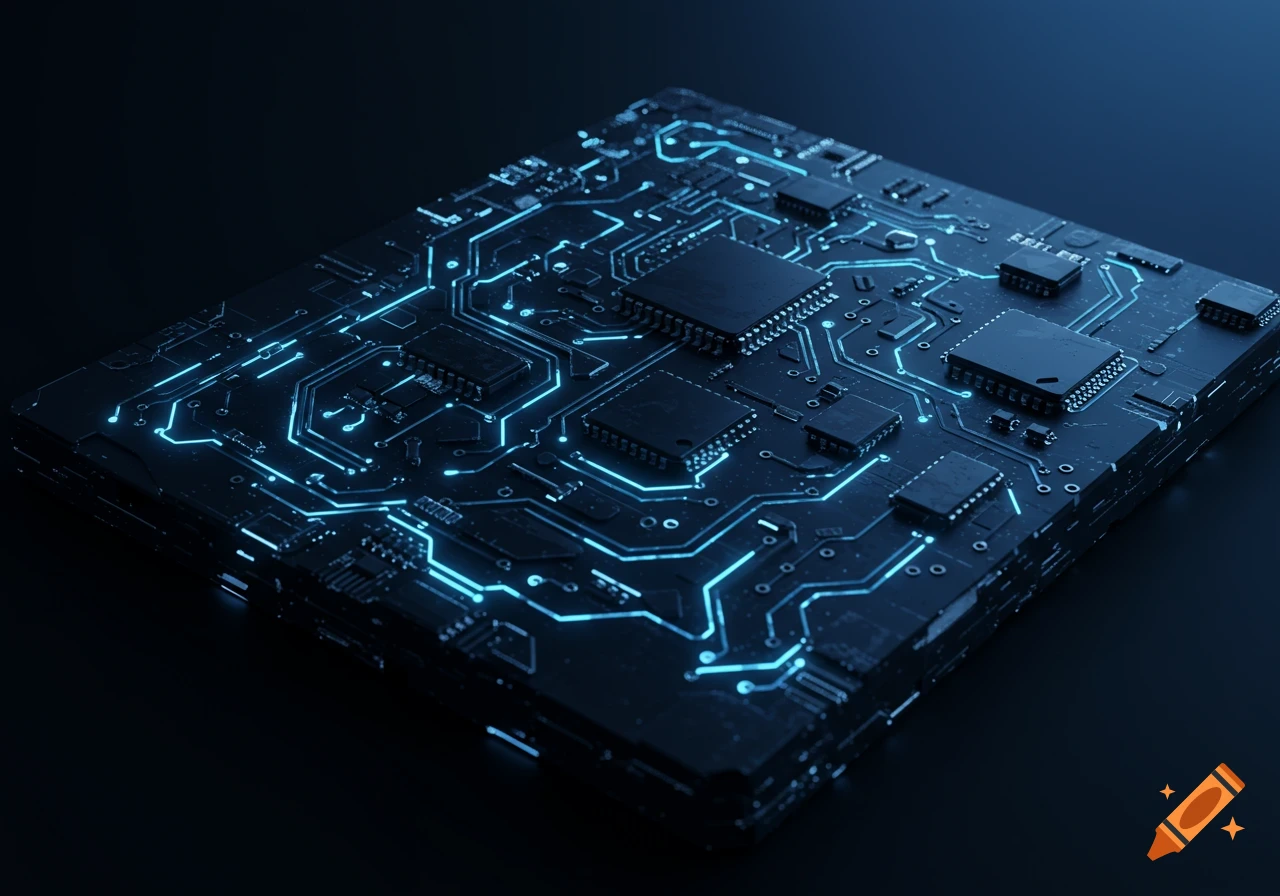 A dark blue circuit board with glowing blue lines, components, and intricate pathways, rendered in a high-tech style.
