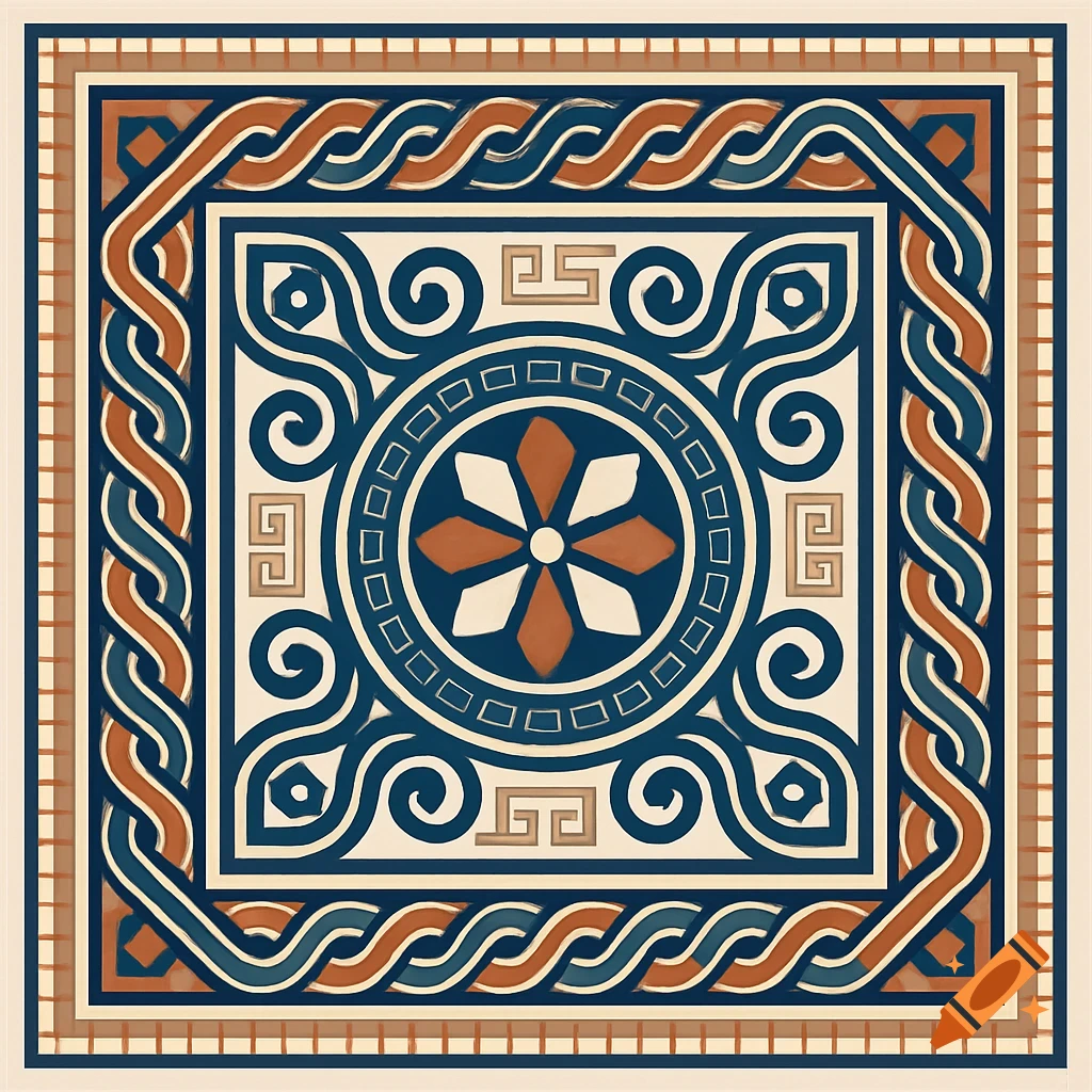 Square Roman mosaic pattern in dark blue, brown, and cream, with a central floral design and intricate geometric borders.