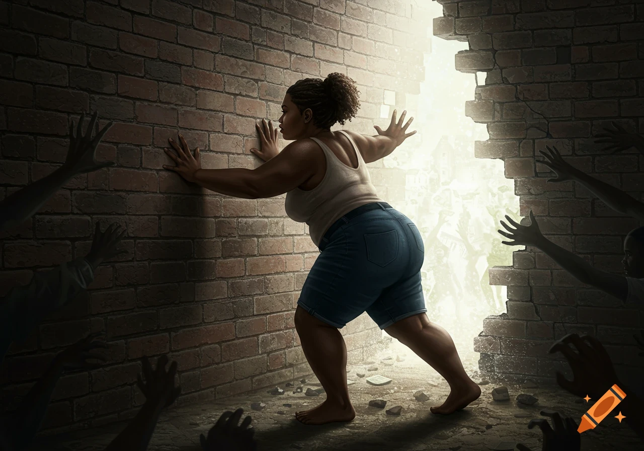 A woman pushes against a brick wall with both hands, illuminated by a bright opening on one side, as dark, shadowy hands reach for her from the other side.