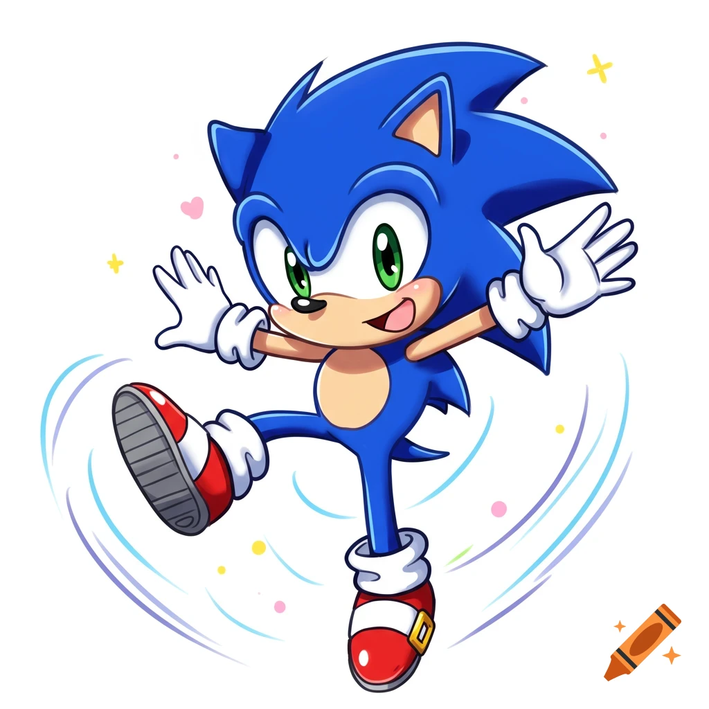 Cute blue Sonic the Hedgehog jumping with one leg up, arms wide, on a white background with colorful sparkles and motion lines.