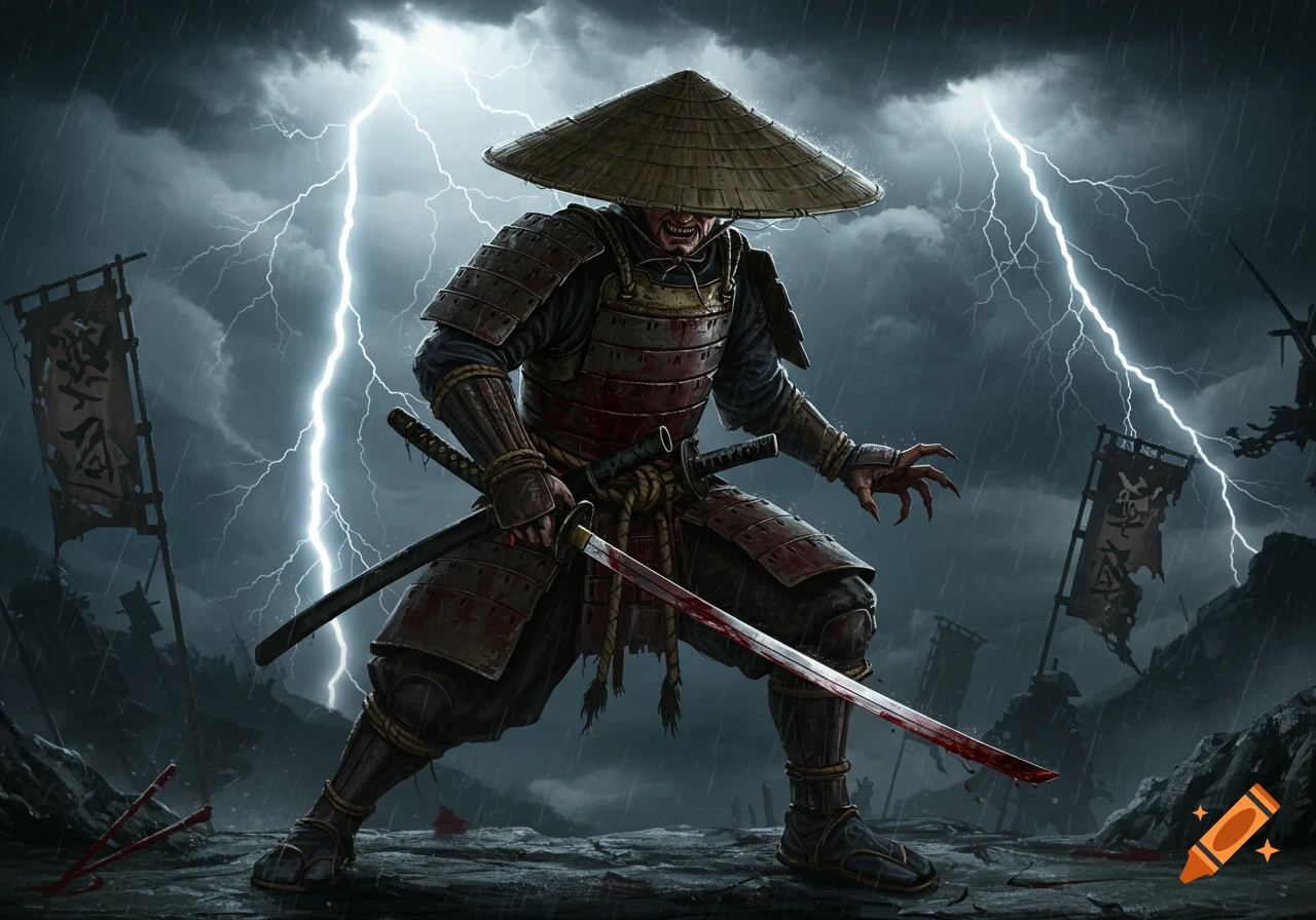 A menacing samurai with a bloodied sword in a straw hat and armor stands under lightning in a stormy landscape.