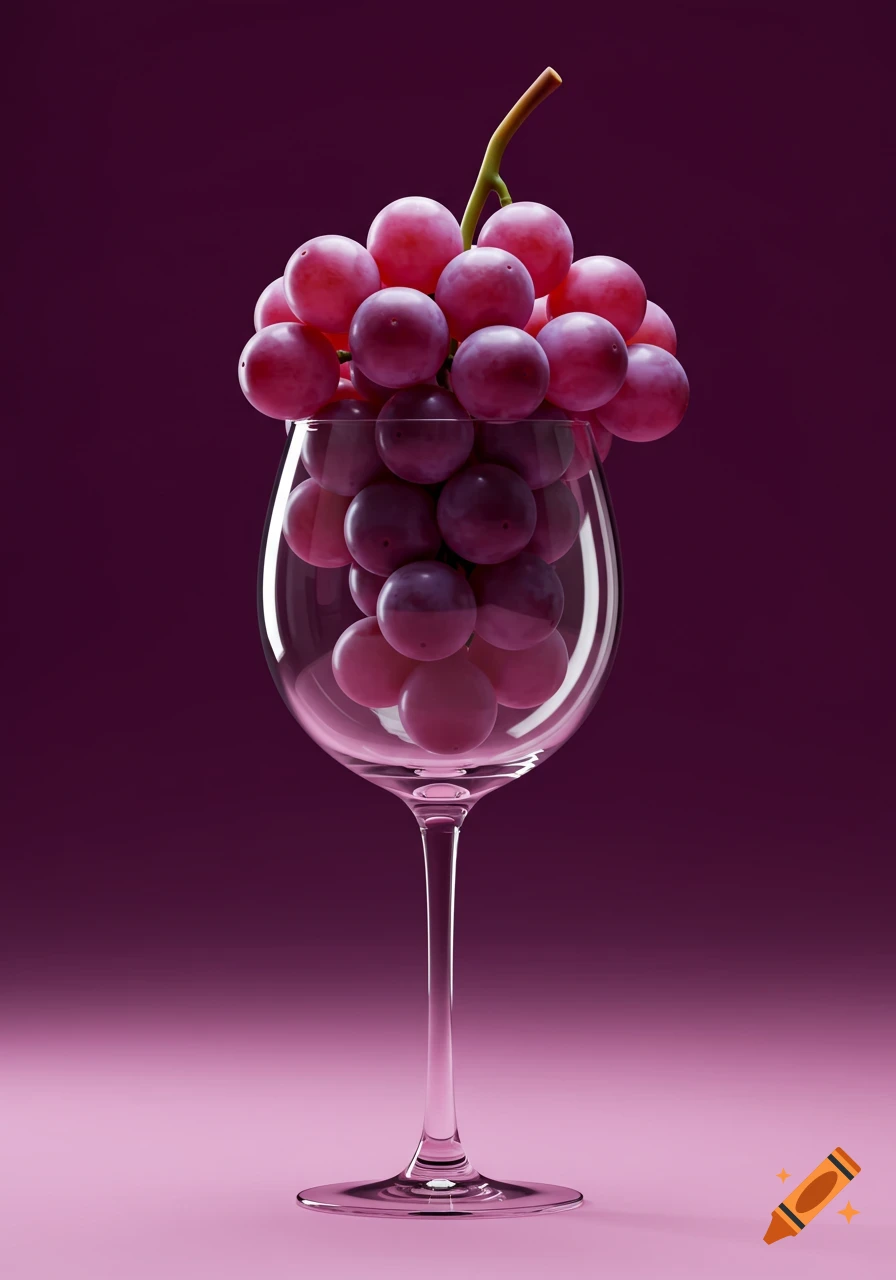 A clean digital illustration of a large bunch of red grapes overflowing from a wine glass, against a purple and pink gradient background.