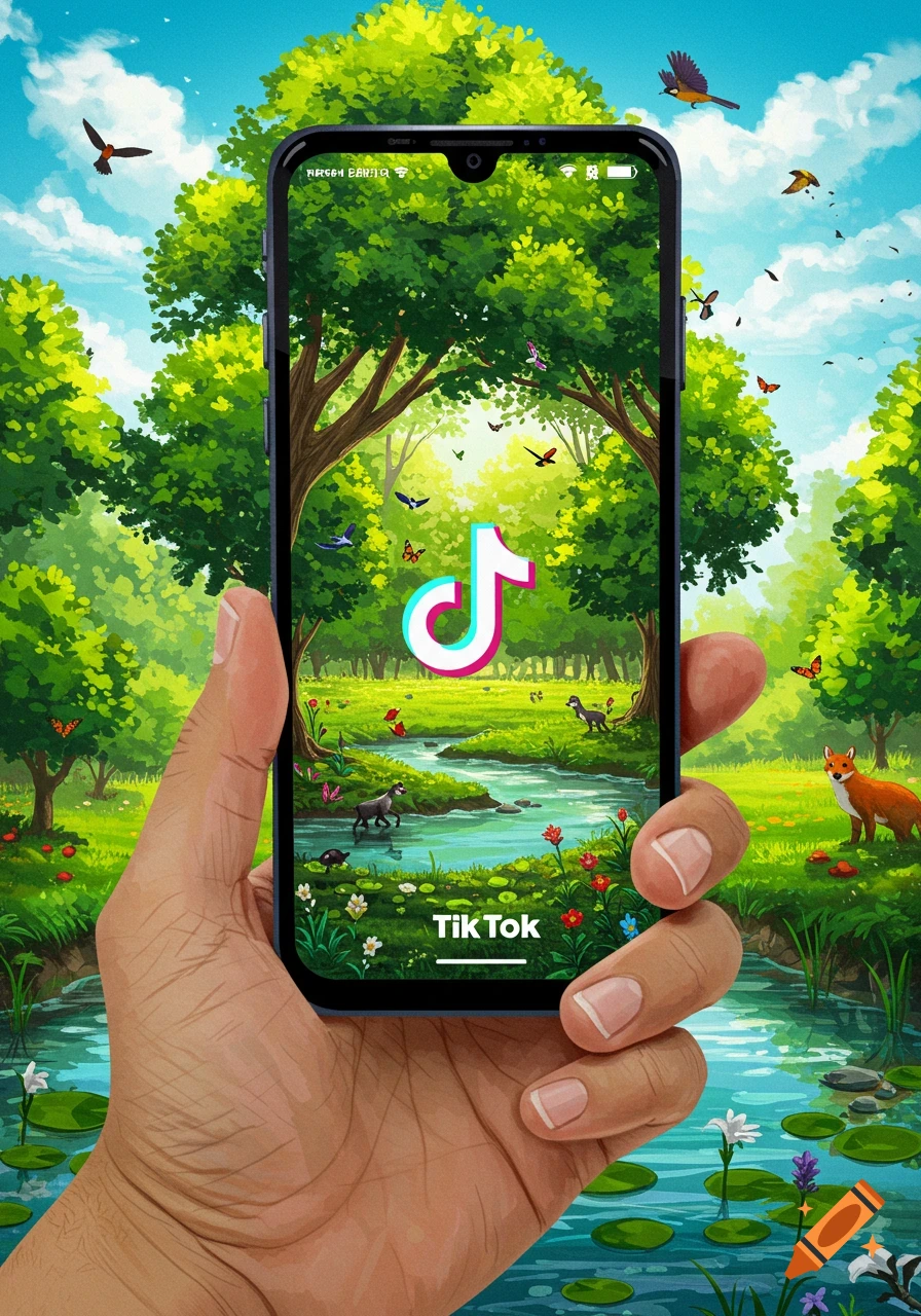 A hand holds a smartphone displaying the TikTok logo and 'Tik Tok' text, set against a vibrant, illustrative forest with a river, trees, flowers, birds, butterflies, a fox, and deer-like animals.