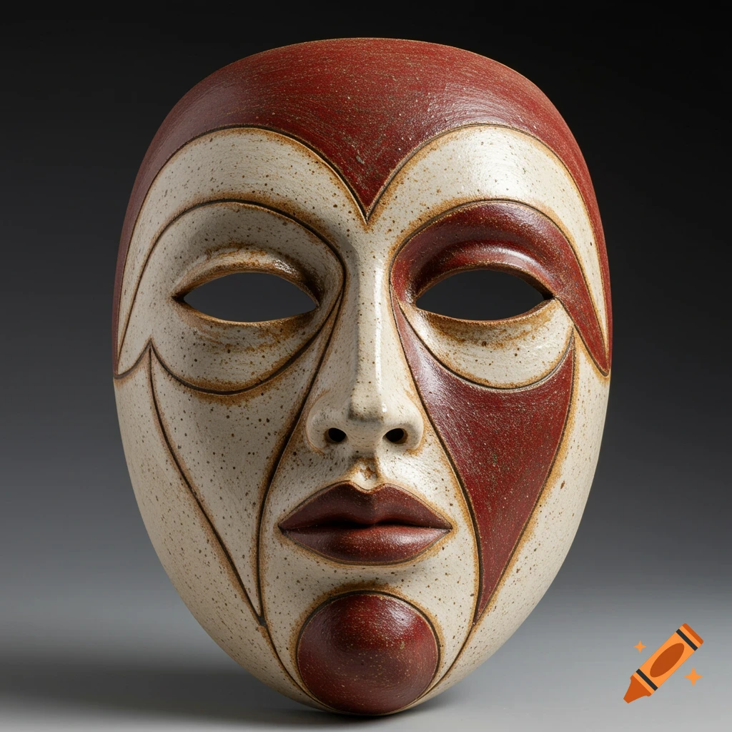 Front view of a stylized ceramic mask in terracotta red and speckled cream with flowing lines.