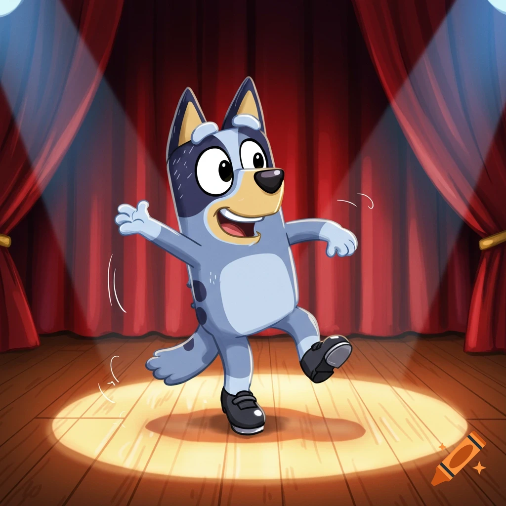 Bluey, a blue cartoon dog, tap dances on a spotlighted wooden stage with red curtains behind her.
