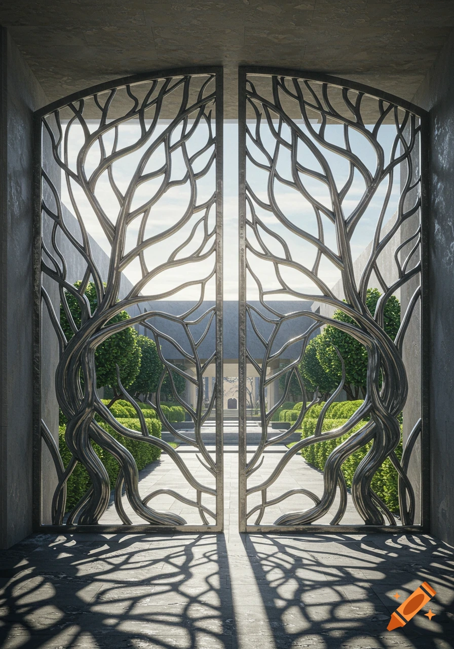 Photorealistic image of a modern double metal gate designed in the shape of intertwined trees, opening to a sunlit garden courtyard.