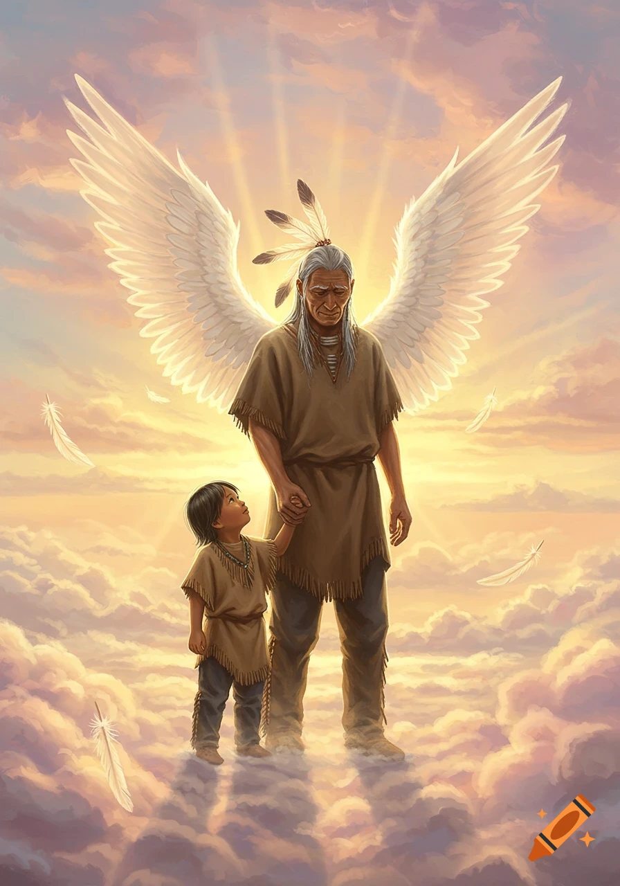 Digital painting of a Native American elder with large white wings holding a child's hand, standing on clouds in a glowing sky.