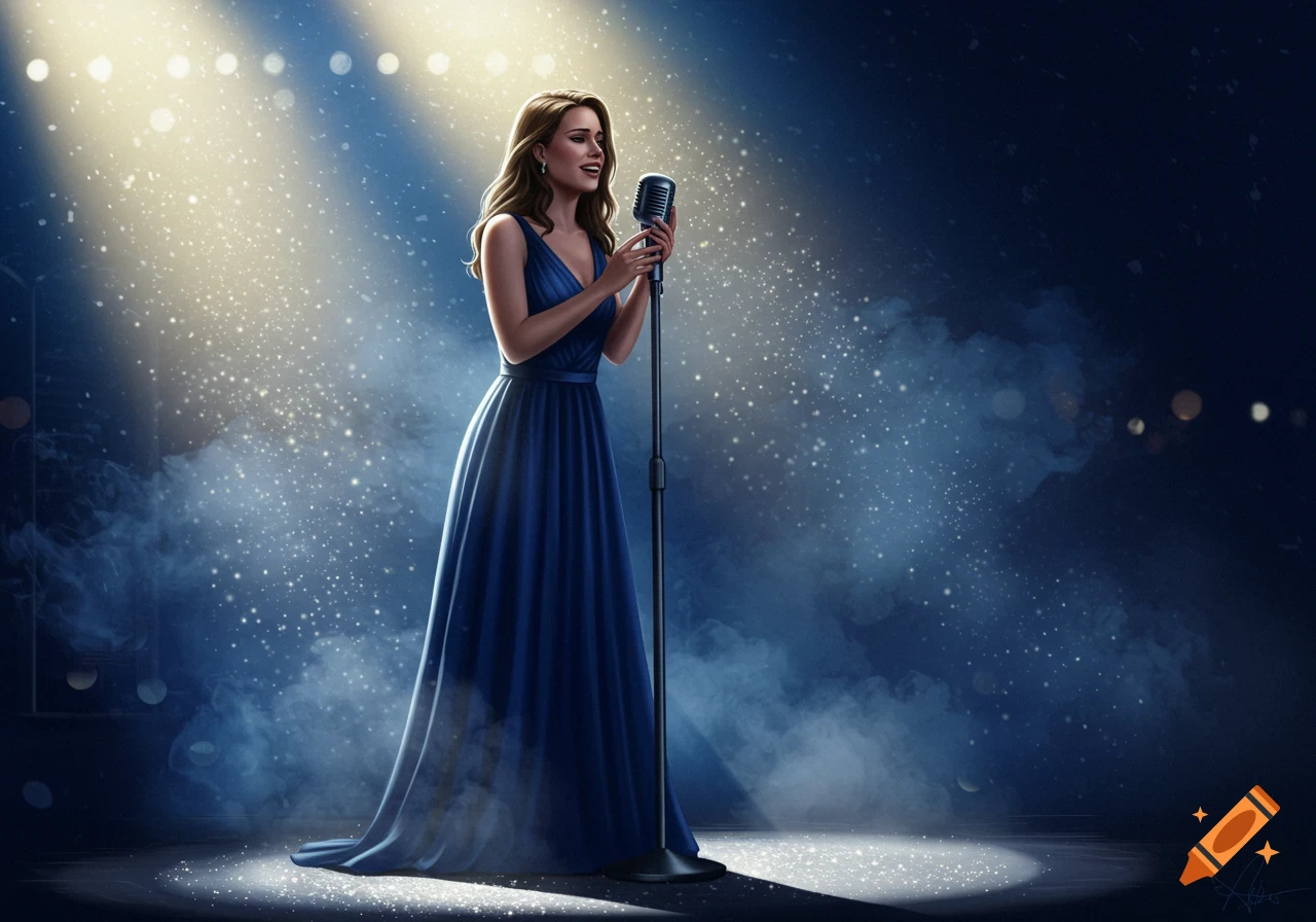 A woman in a blue gown sings into a microphone on a dark stage, illuminated by a spotlight and sparkling effects. Digital art.