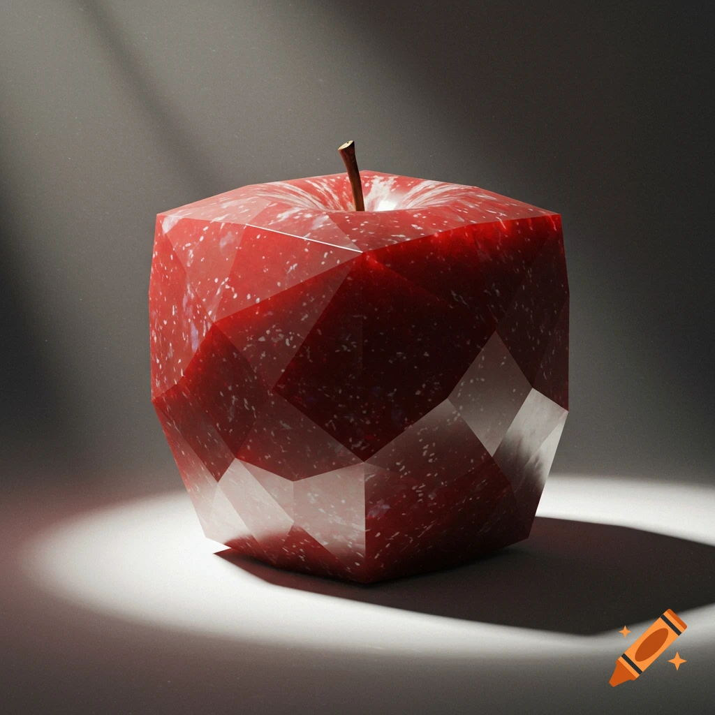 A faceted, cubic red apple with a short stem, resembling a jewel, dramatically lit on a dark background.