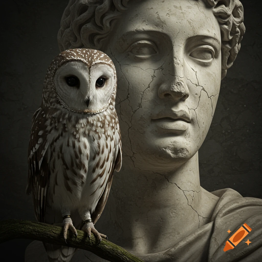 A realistic owl with sharp eyes perches on a branch in front of a cracked Greek marble bust.