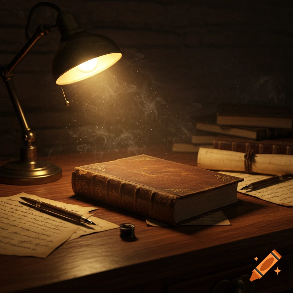 A vintage desk lamp illuminates an old leather-bound book, an ink pen, and written papers on a wooden desk.