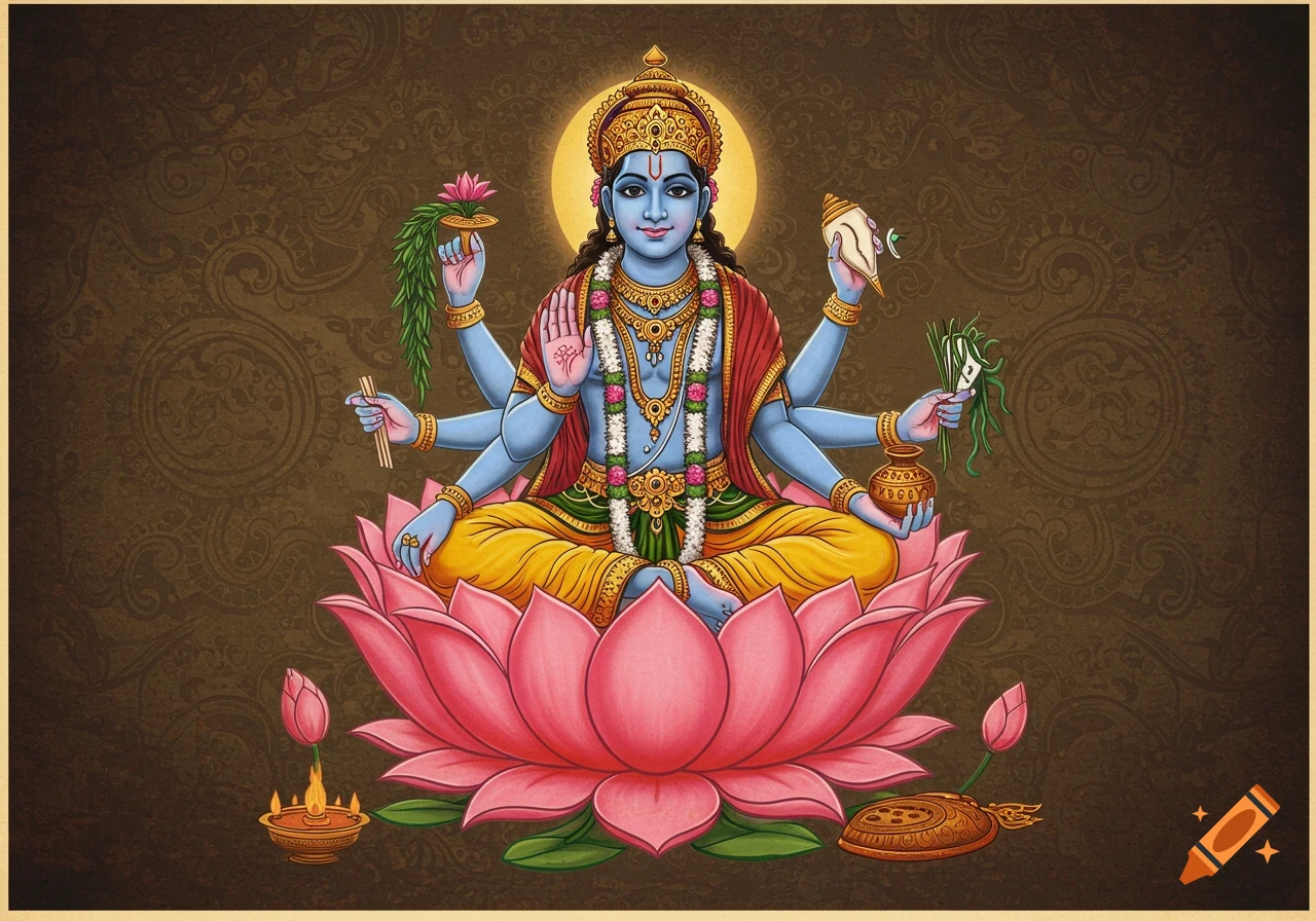 Vintage illustration of blue-skinned Hindu deity Dhanvantari with four arms, seated on a pink lotus, holding sacred objects.