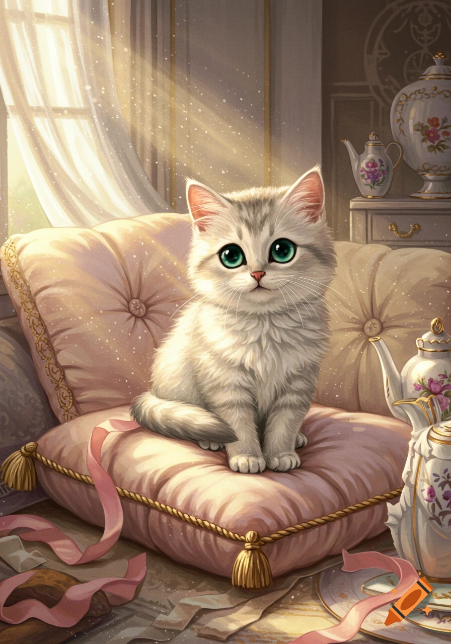 A fluffy white kitten with large green eyes sits on a pink tufted cushion in a sunlit room, depicted in a whimsical digital art style.
