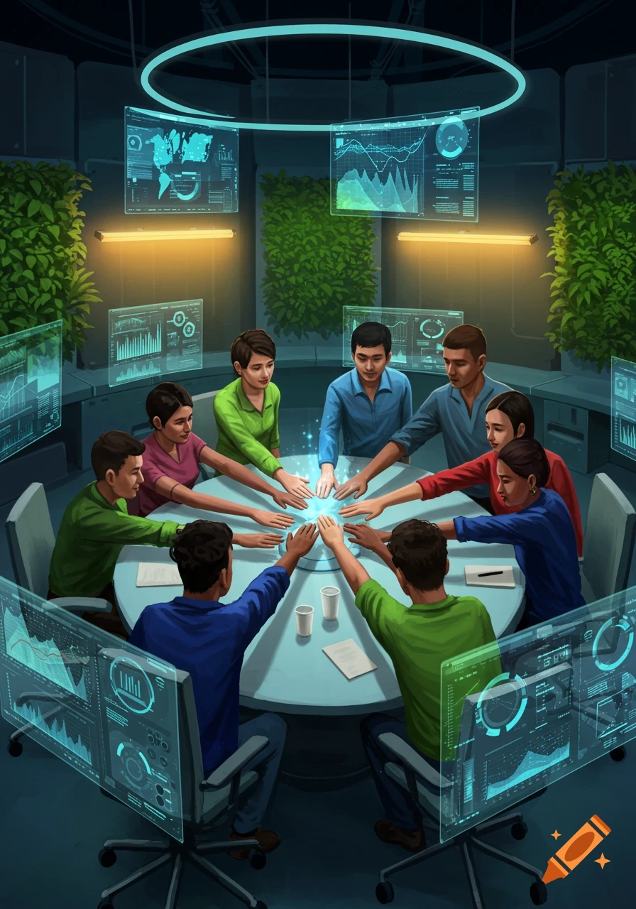 Diverse team in a futuristic meeting room with holographic screens, placing hands together over a glowing light, symbolizing collaboration.