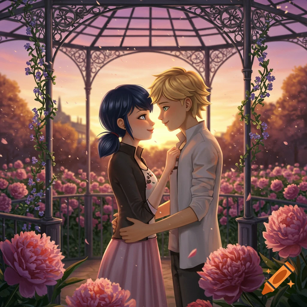 Anime characters Marinette and Adrien gaze at each other lovingly in a pink flower garden under a romantic gazebo at sunset.