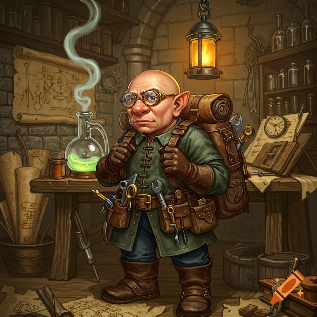 A bald, stressed Dungeons and Dragons style gnome wearing a tool belt and backpack filled with tools stands in a cluttered alchemist's workshop.