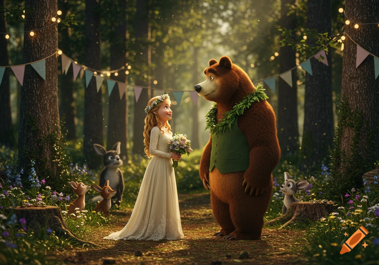 Cartoon girl and bear wedding in a magical forest, surrounded by small animals and string lights.