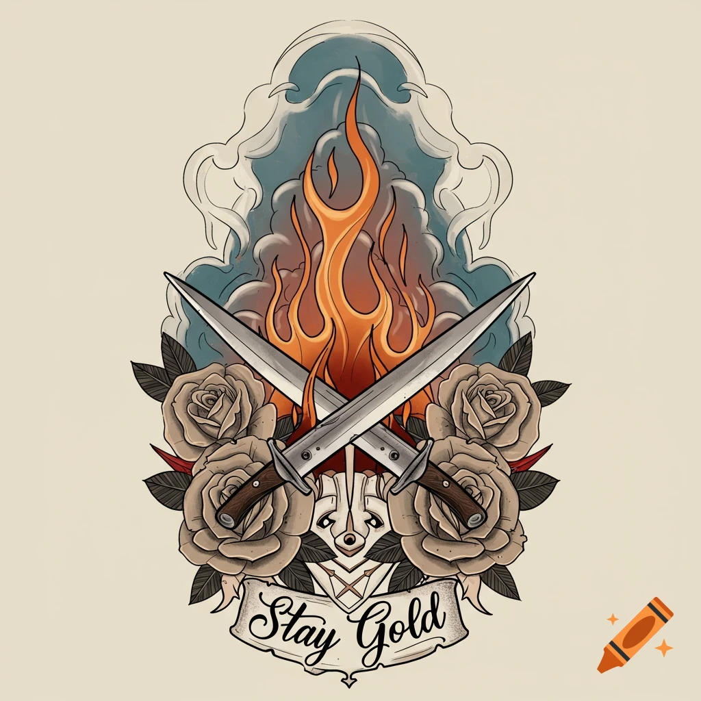Traditional tattoo illustration with crossed daggers, roses, flames, and a 'Stay Gold' banner.