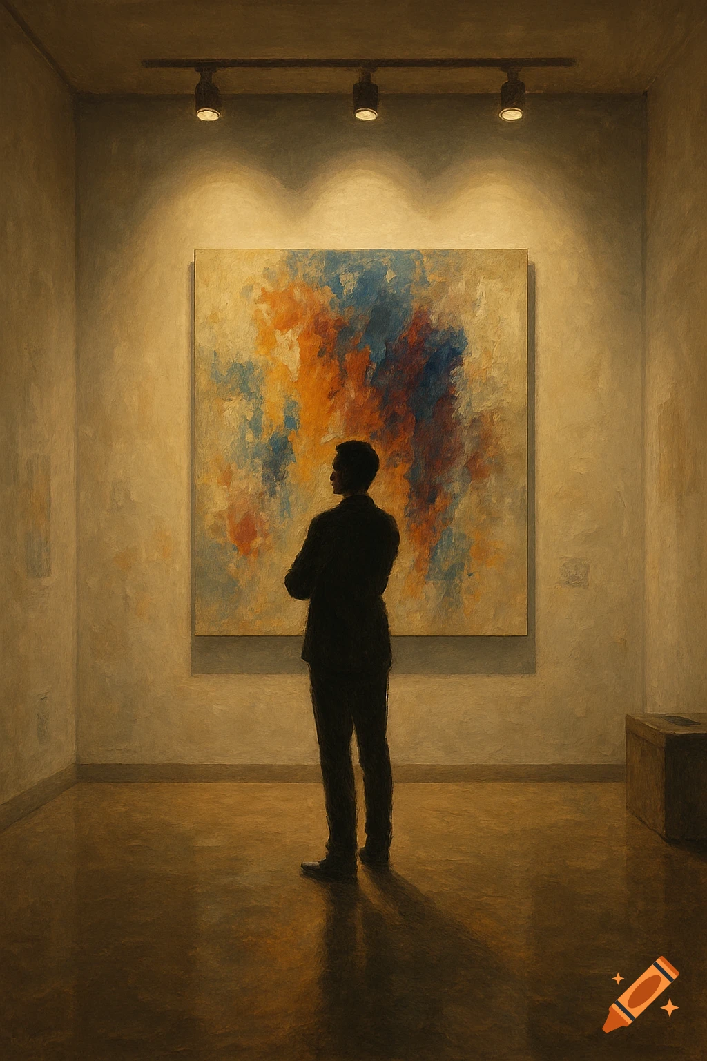 Silhouette of a person admiring a large abstract painting in a dimly lit art gallery, in a painterly style.