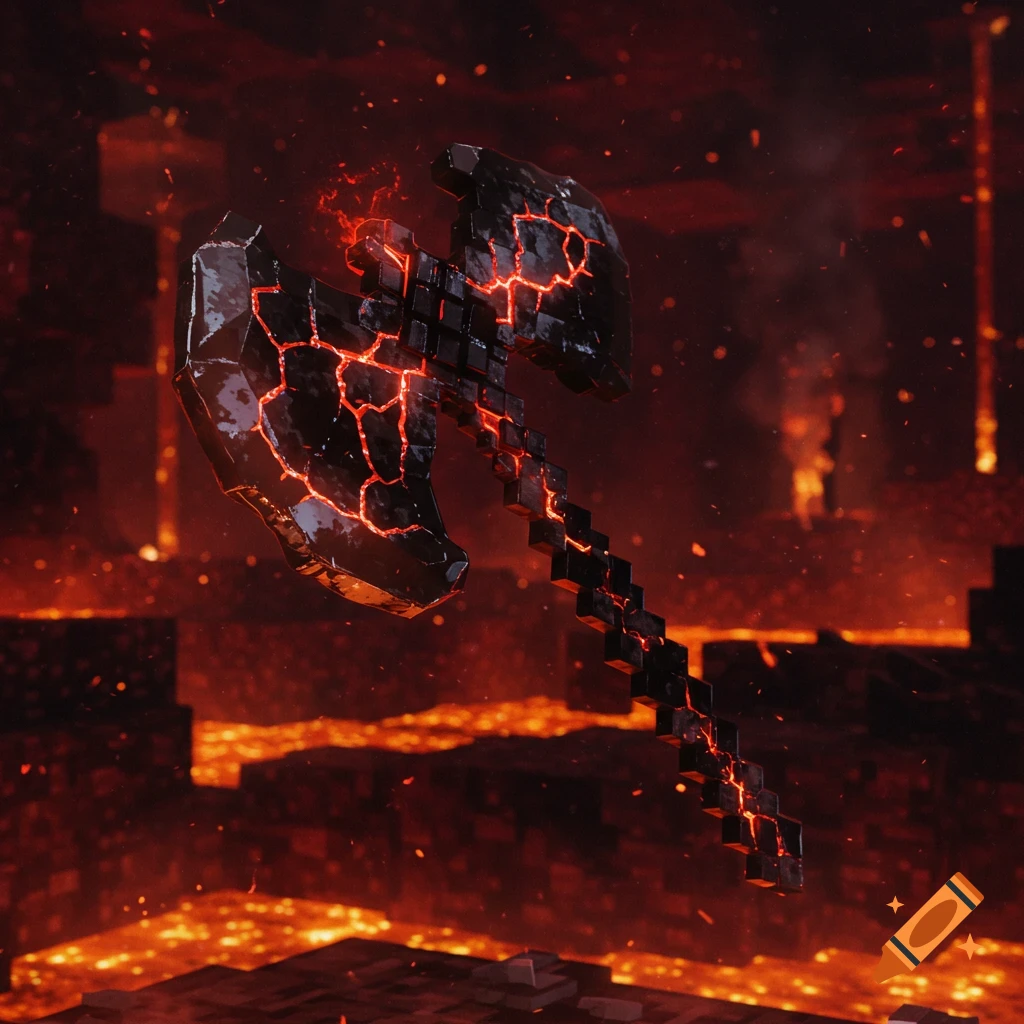 A dark, blocky, cracked netherite axe with glowing red lava lines, suspended over a fiery Minecraft Nether-like landscape.