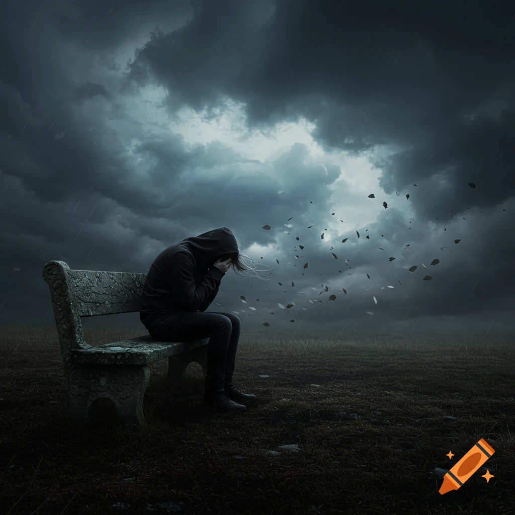 A person in a dark hoodie sits hunched on a stone bench in a bleak, stormy field, head in hands, as leaves blow away.