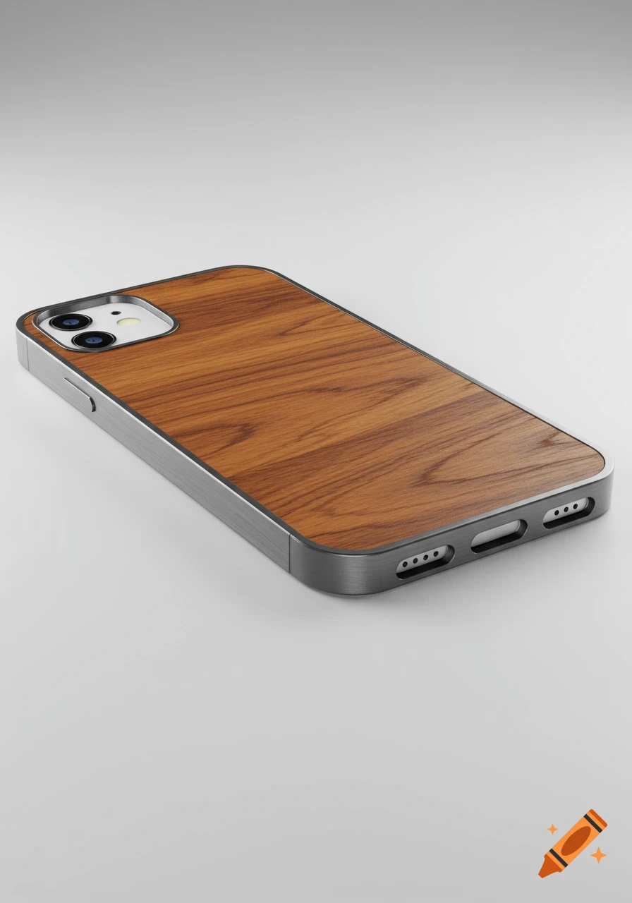 A smartphone case with a brown wood-grain back and brushed dark gray metal edges, shown on a plain white background.