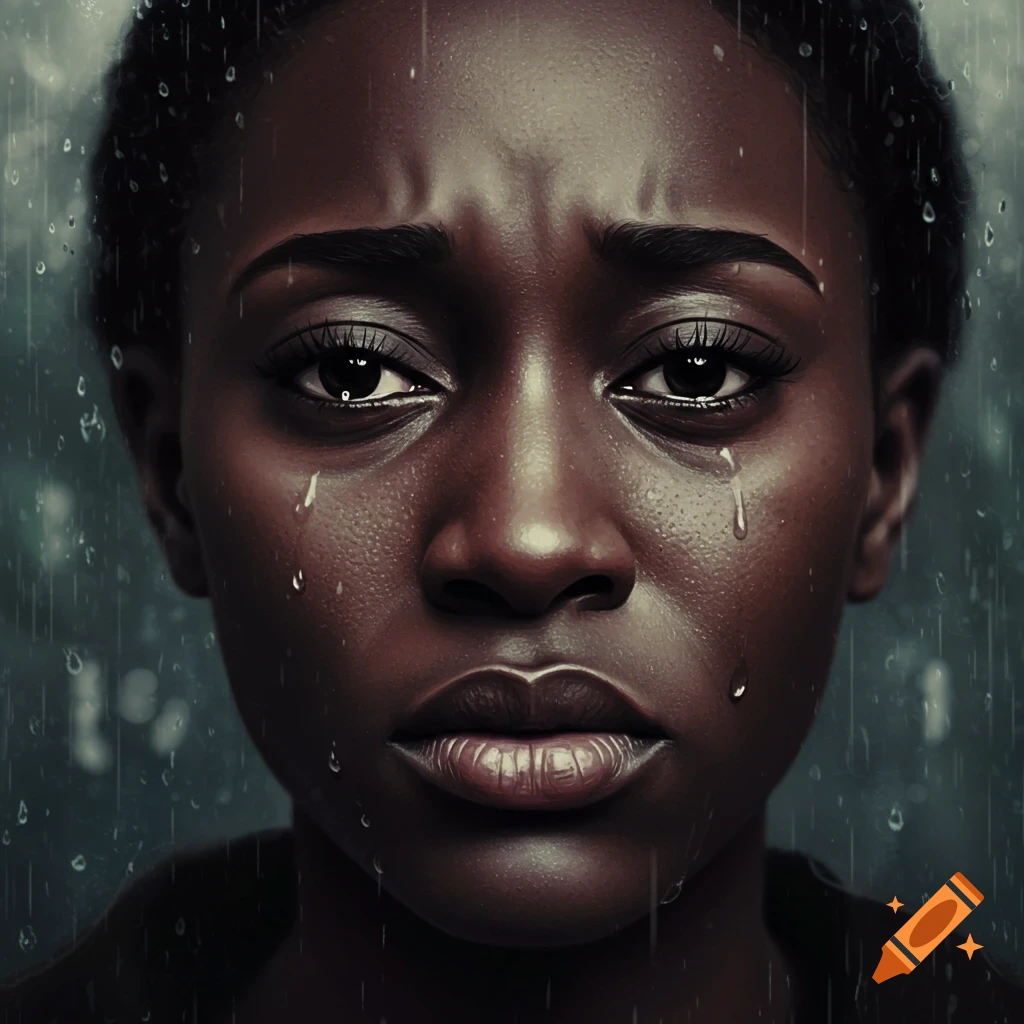 Close-up photorealistic portrait of a dark-skinned woman with tears and raindrops streaming down her face, looking sad.