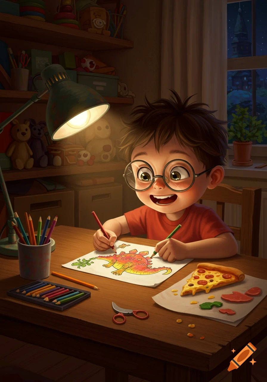 A happy child with glasses colors a dinosaur drawing at a desk under a lamp, with a slice of pizza nearby, in an animated style.