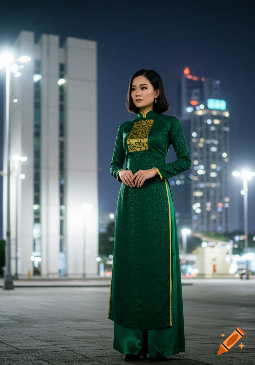 A woman in a dark green áo dài with gold patterns stands in a city square at night, with illuminated buildings in the background.