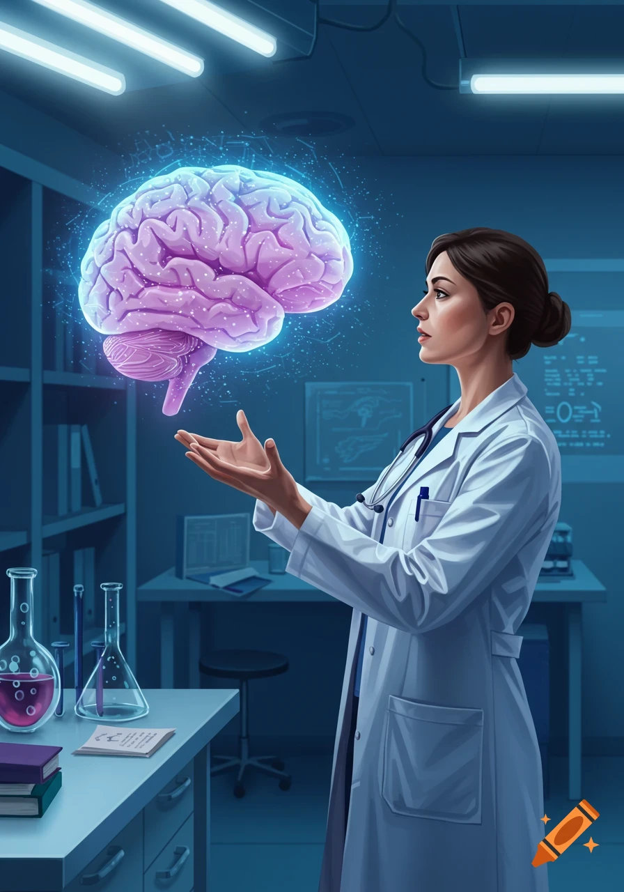 An illustrated image of a female doctor in a lab coat observing a glowing, holographic brain in a futuristic laboratory.