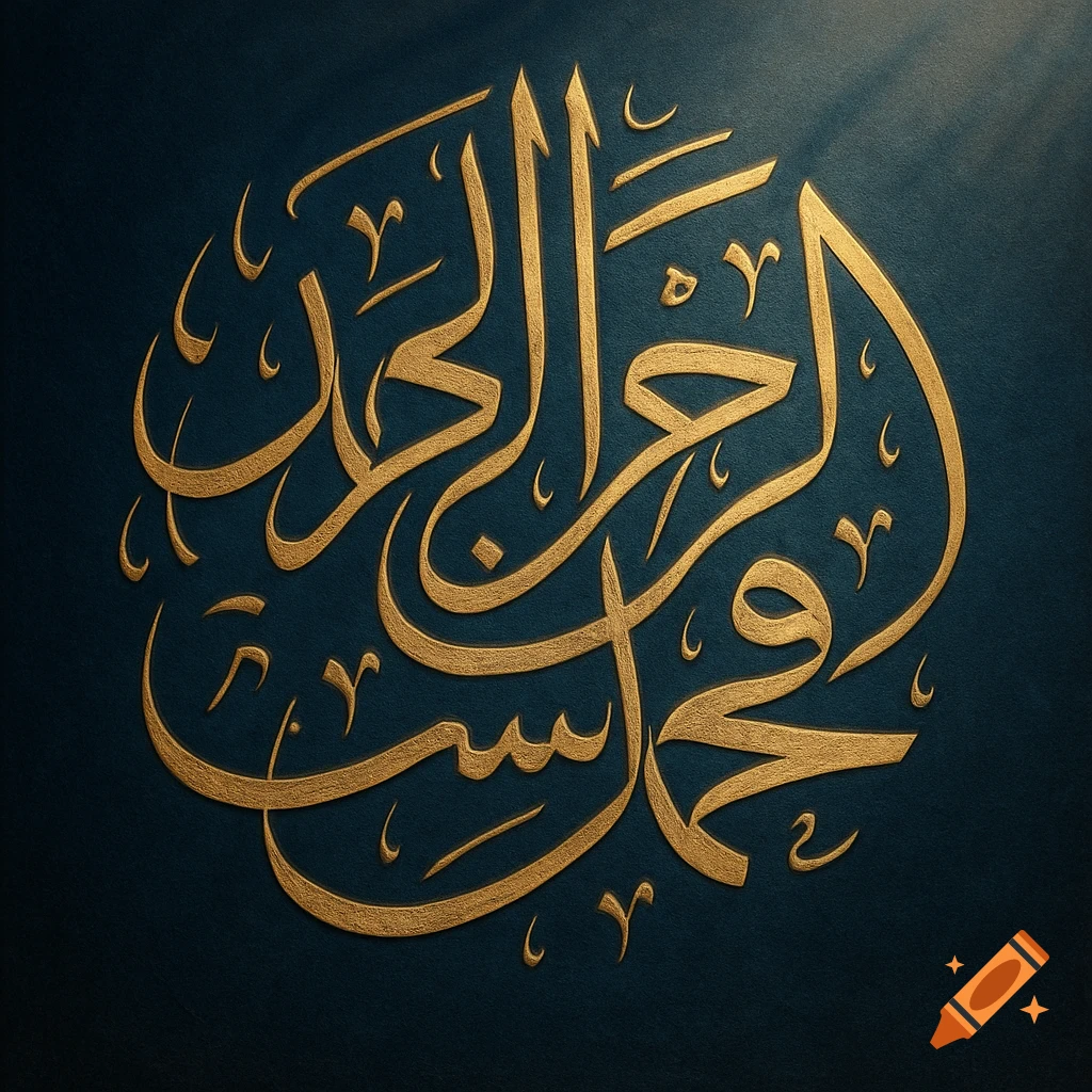 Ornate golden Arabic calligraphy on a textured dark teal background with subtle light rays.