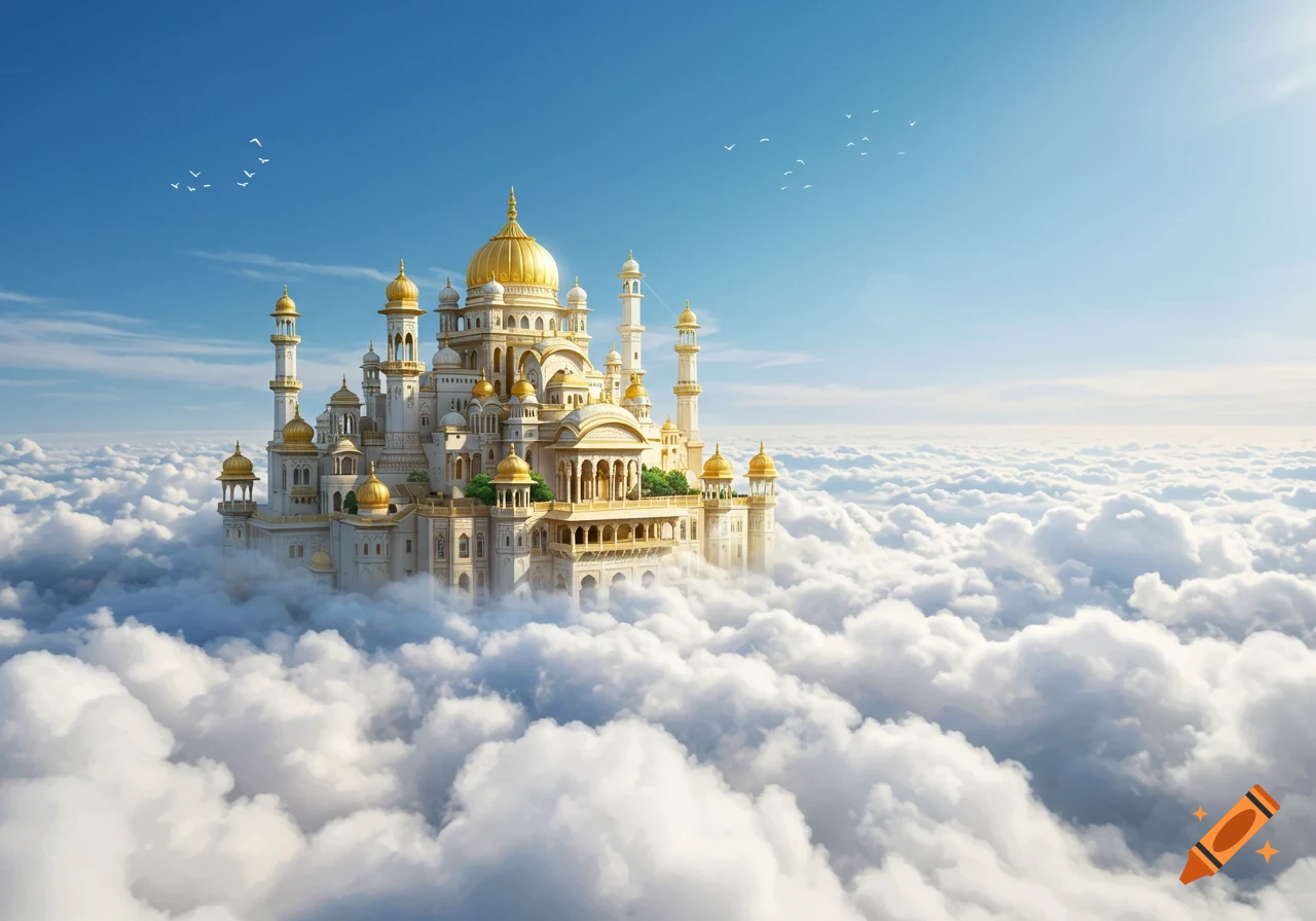 A majestic white and gold palace with intricate architecture floats above a sea of fluffy clouds under a clear blue sky.
