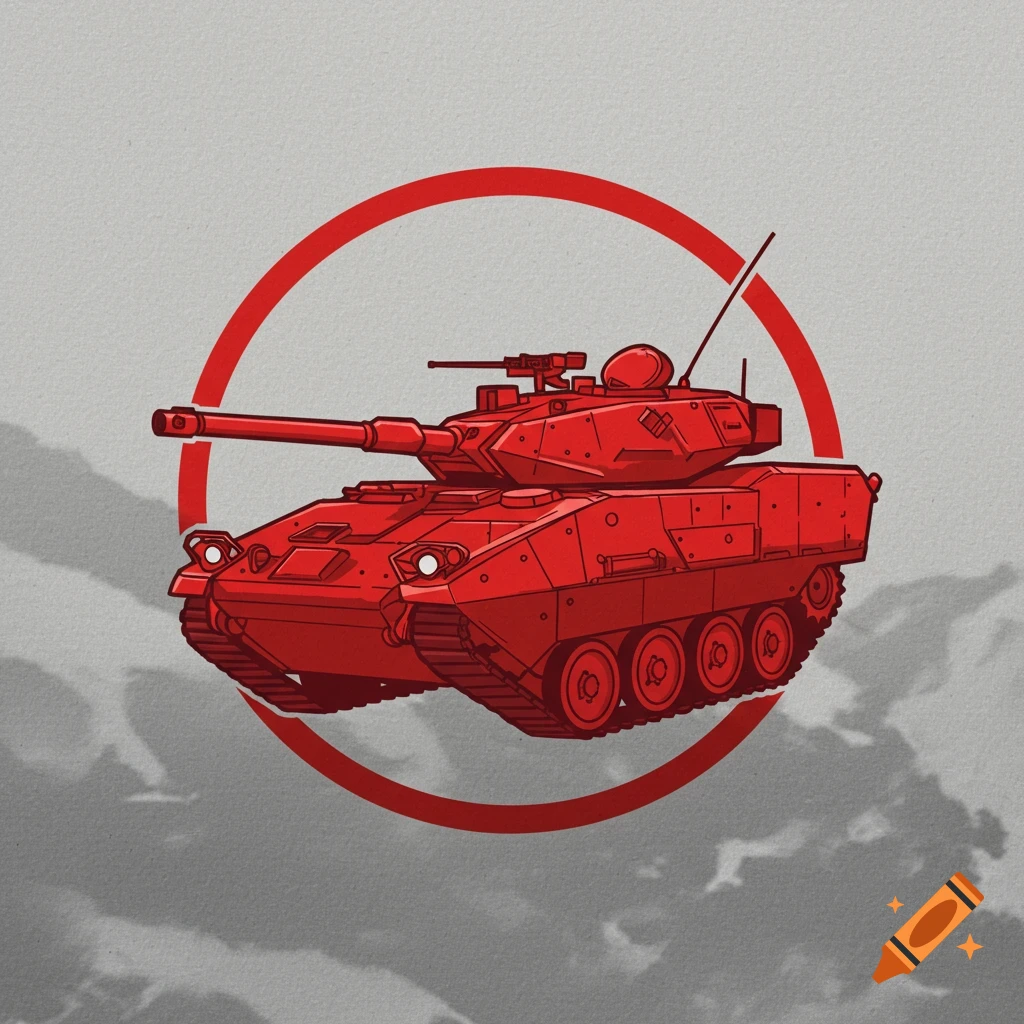 A stylized red military tank with a long barrel, set against a light grey background with a large red circle and subtle grey shadows.