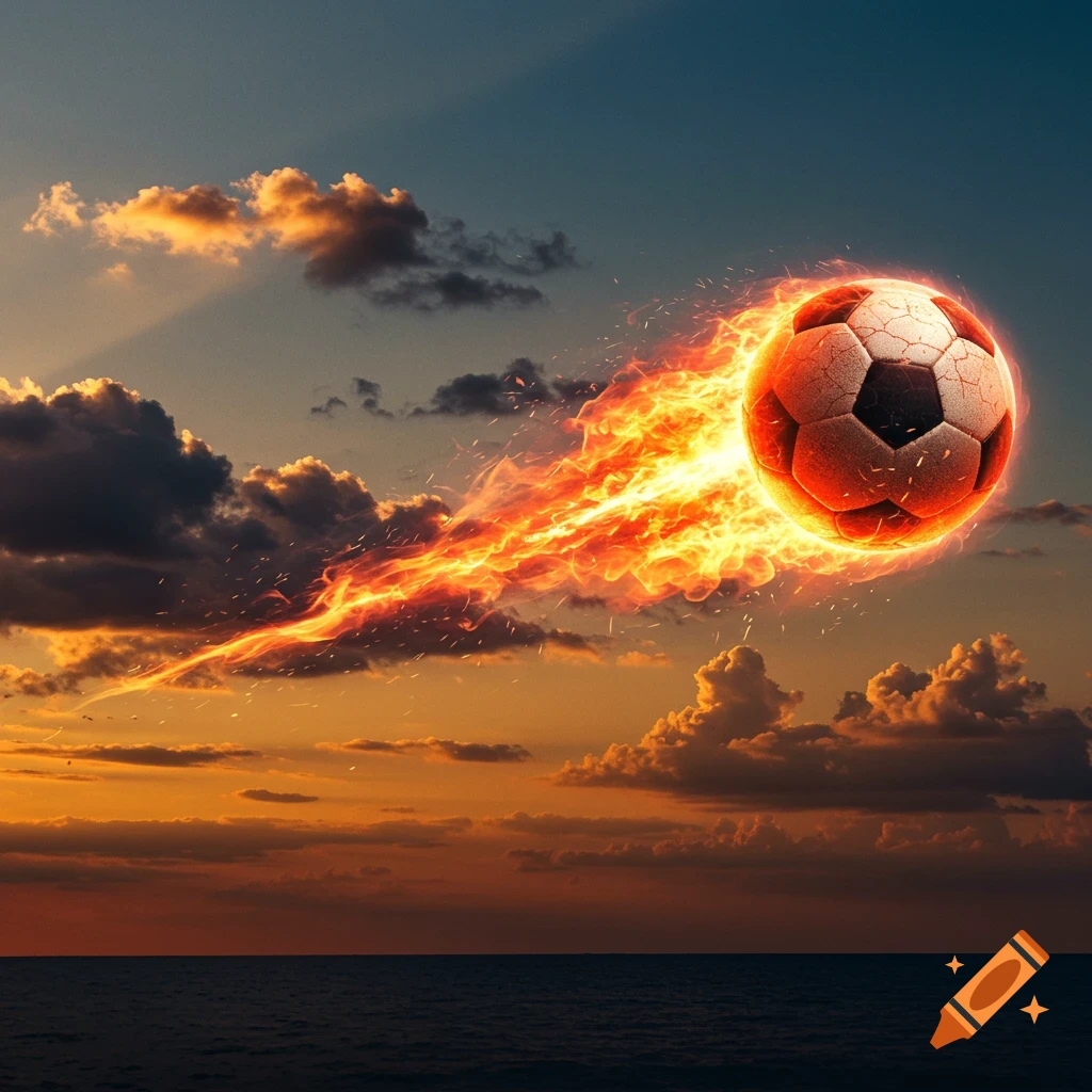 A soccer ball engulfed in flames streaks across a vibrant sunset sky over a dark ocean.