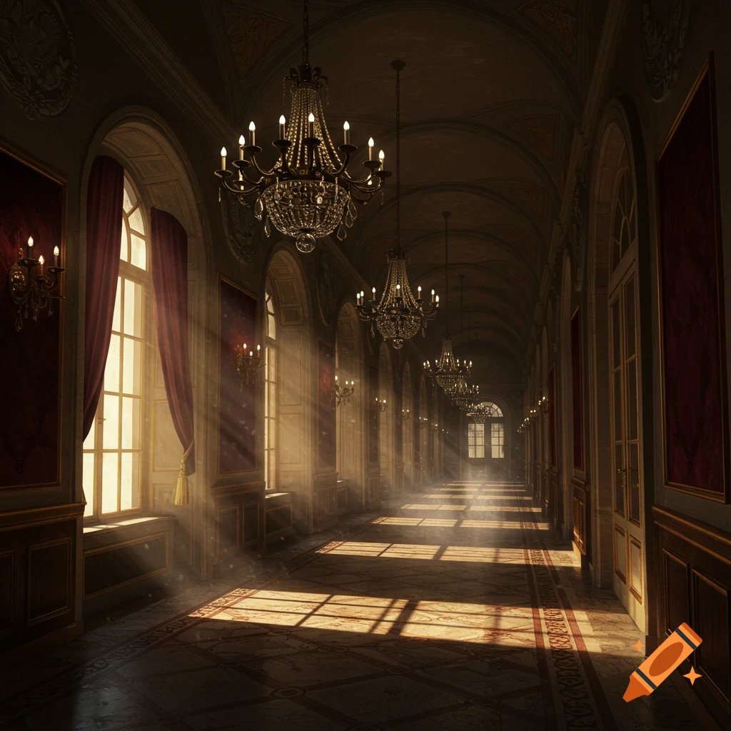 A grand, opulent hallway with multiple arched windows, chandeliers, and sun rays illuminating a patterned floor.