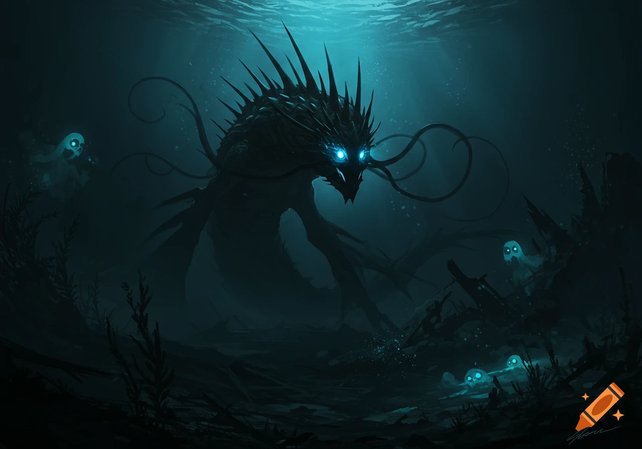 A spiky, dark abyssal monster with glowing blue eyes lurks in the deep ocean, surrounded by small ghost-like figures.