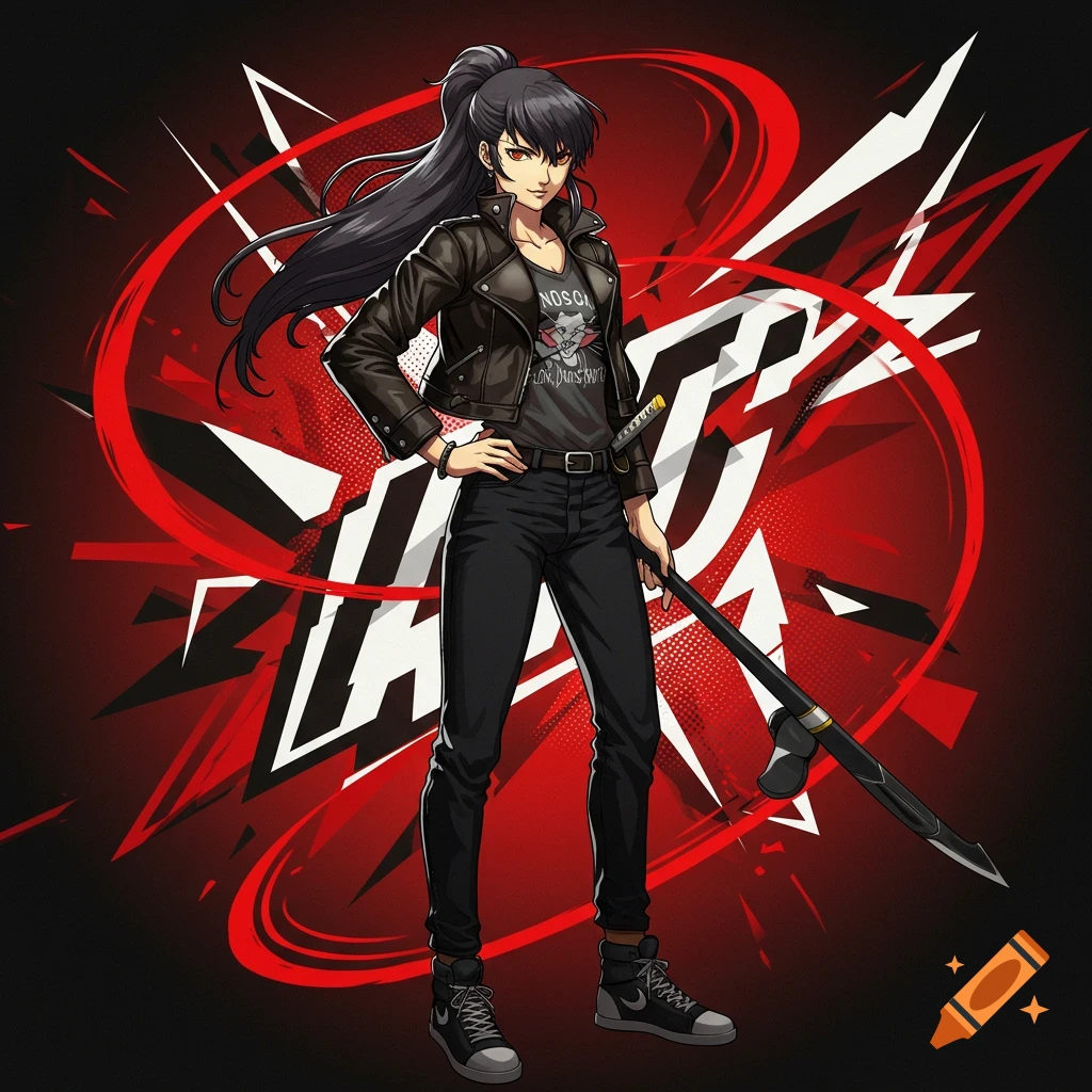 A female anime character with black hair in a ponytail, wearing a leather jacket and black pants, holding a polearm, against a red and white abstract background.