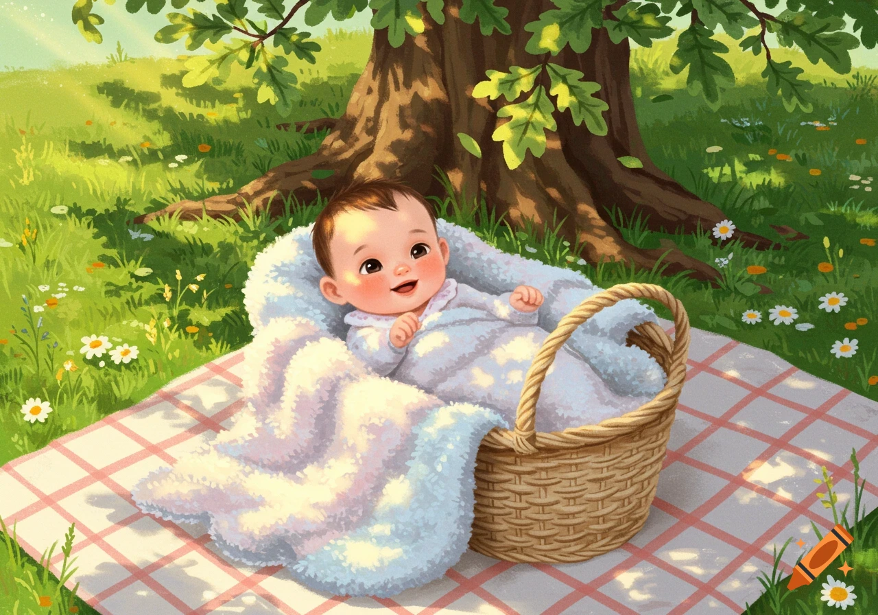 A smiling baby in a white blanket lies in a wicker basket on a picnic blanket under a tree in a sunny, grassy field.