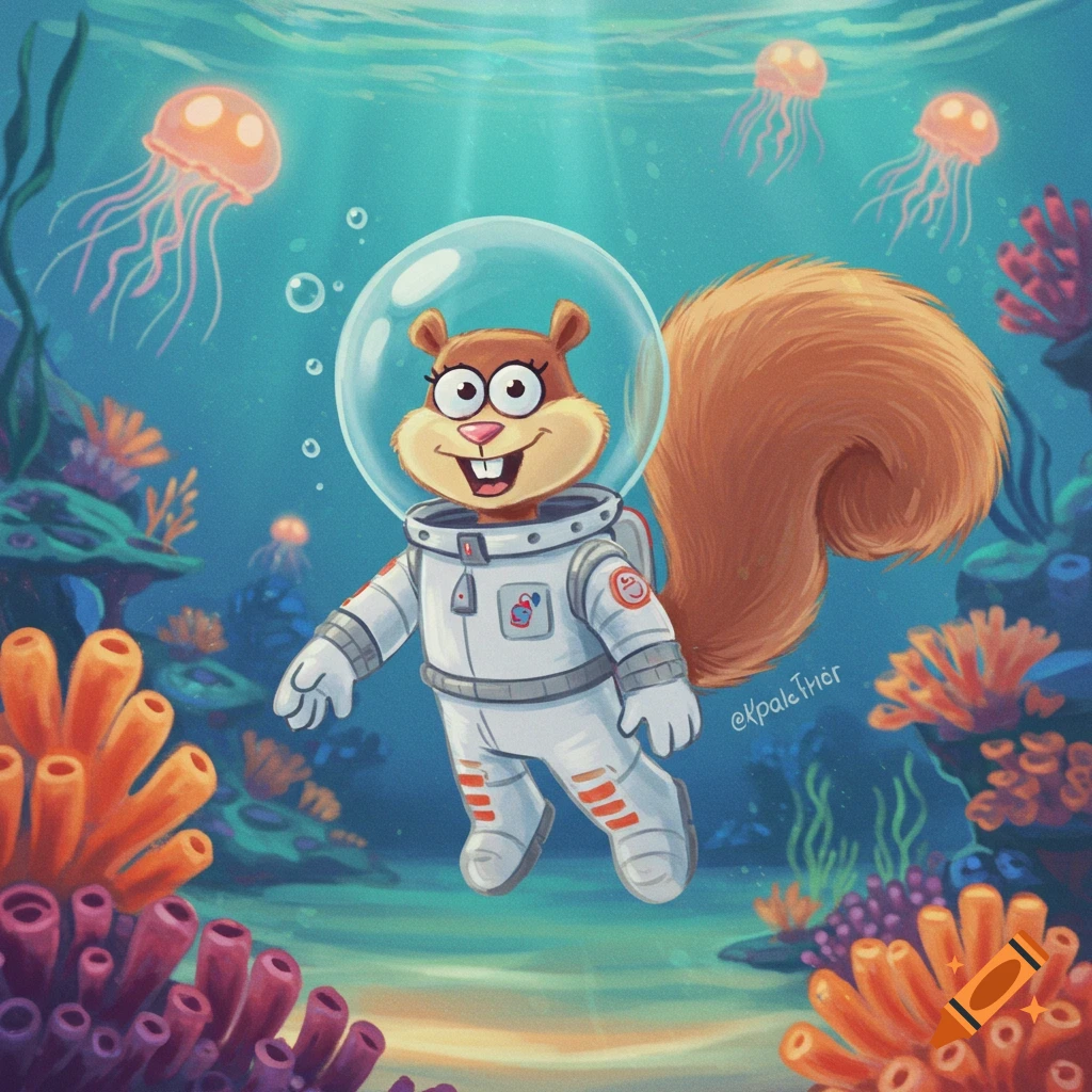 Cartoon illustration of Sandy Cheeks in an astronaut suit smiling and floating underwater among colorful coral and jellyfish.
